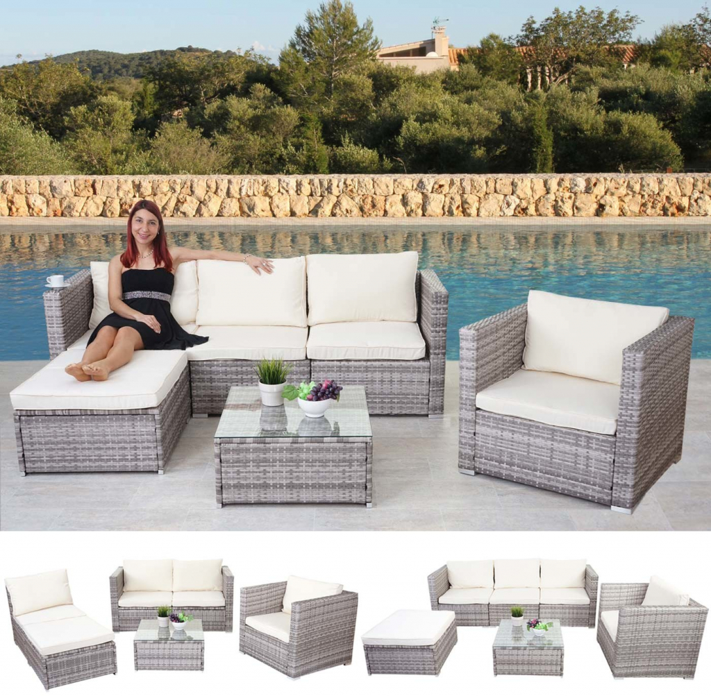 Mendler Poly ratanová souprava Brescia, zahradní souprava Sedací souprava Sofa Lounge Set šedá, polštáře krémové