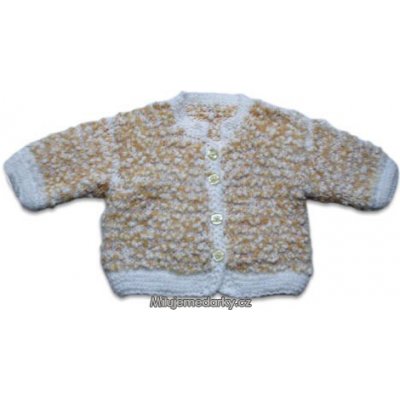 ručně pletený dětský plastický svetr bílo-žlutý zapínání na knoflíky
