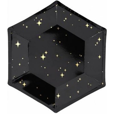 PartyDeco Talířky šestihranné černé s hvězdičkami 20cm