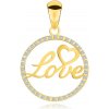 Přívěsky Šperky Eshop Přívěsek ze žlutého zlata nápis Love a srdce v obruči ze zirkonů S5GG255.63