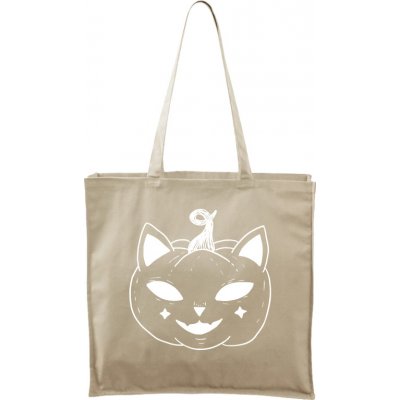 Ručně malovaná větší plátěná taška - Halloween kočka - Dýně, přírodní/bílý motiv