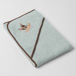 Veba LOTA osuška s kapucí zelenošedá s výšivkou Zvědavý pejsek hnědá lemovka 75x75 cm – Zbozi.Blesk.cz