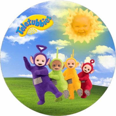 Jedlý tisk TELETUBBIES ● materiál: FONDÁNOVÝ DECORLIST ✴️, ● velikost: průměr 12 cm ☝ – Hledejceny.cz