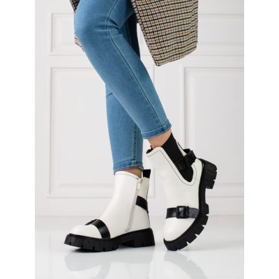 Zajímavé dámské kotníčkové boty na plochém podpatku bílé – Zboží Mobilmania
