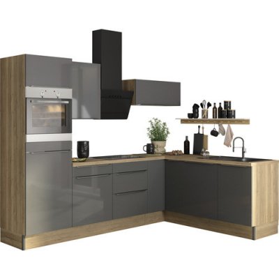 Optifit se spotřebiči Linus984 Rohová kuchyňská linka 270 cm barva čela antracit lesklá barva korpusu divoký dub – Hledejceny.cz