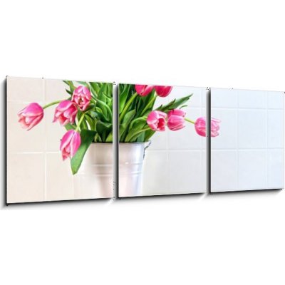 Obraz 3D třídílný - 150 x 50 cm - Pink tulips in white metal container Růžové tulipány v bílém kovovém kontejneru