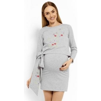 Be MaaMaa elegantní těhotenské šaty tunika s výšivkou a stuhou kojící světle šedé