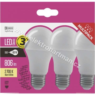 Emos žárovka LED Classic A60 9W E27 teplá bílá, 806lm, 300°, 3ks – Zboží Mobilmania