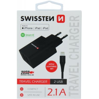 Swissten síťový adaptér smart ic 2x usb 3a power + datový kabel usb / lightning 1,2 m černý – Hledejceny.cz