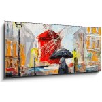 Skleněný obraz 1D panorama - 120 x 50 cm - oil painting, woman with an umbrella near the Moulin Rouge, a walk in Paris, artwork on canvas olejomalba, žena s deštníkem po – Hledejceny.cz