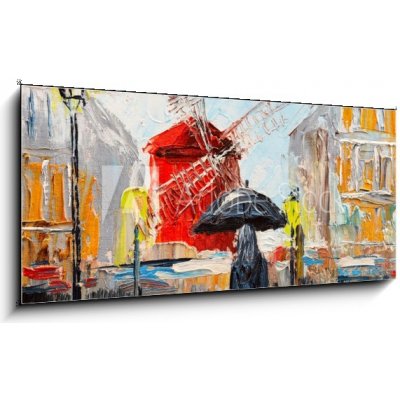 Skleněný obraz 1D panorama - 120 x 50 cm - oil painting, woman with an umbrella near the Moulin Rouge, a walk in Paris, artwork on canvas olejomalba, žena s deštníkem po – Hledejceny.cz