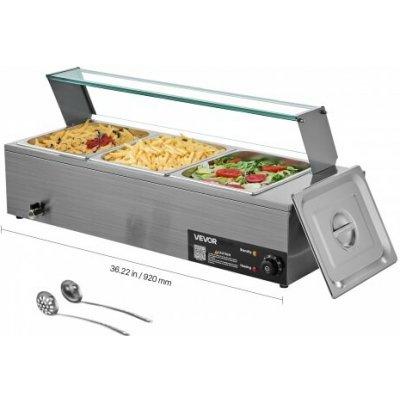 Komerční ohřívač jídla VEVOR, elektrický parní ohřívač jídla z nerezové oceli s výkonem 1500 W a skleněným krytem, ​​3pánvový stojanový vodní lázeň s polévkou a perforovanými naběračkami, pro catering – Zboží Dáma