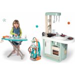 Smoby Cherry Kitchen Green set kuchyňka se zvuky a úklidový vozík s vysavačem a žehlicím prknem