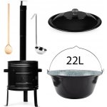 Perfect Home KotlinaSet011 Železná kotlina s komínem, kolenem 42 cm + smaltovaný kotlík s poklicí na guláš 22 L + Vařečka – Sleviste.cz