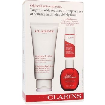 Clarins Exfoliating Body Scrub tělový peeling Exfolianting Body Scrub 200 ml + krém proti celulitidě Body Fit 30 ml + osvěžující voda Eau Dynamisante 15 ml dárková sada