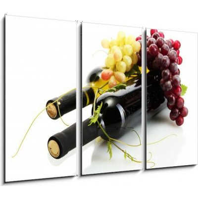 Obraz 3D třídílný - 105 x 70 cm - bottles of wine and ripe grapes isolated on white láhve vína a zralé hrozny izolovaných na bílém – Hledejceny.cz