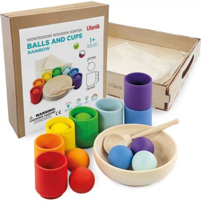 Montessori Ulanik dřevěná hračka "Rainbow: balls in cups"