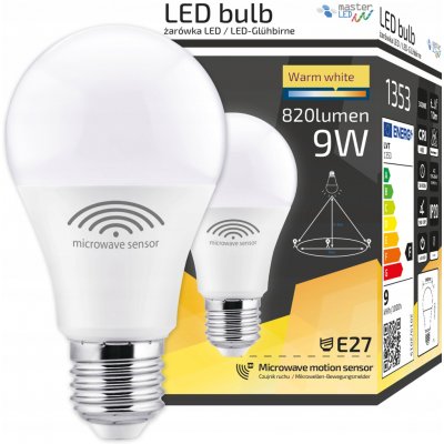 Vipelectro LED žárovka E27 9W s mikrovlným soumrakovým a pohybovým senzorem, CCD, 820lm Teplá bílá – Zboží Mobilmania