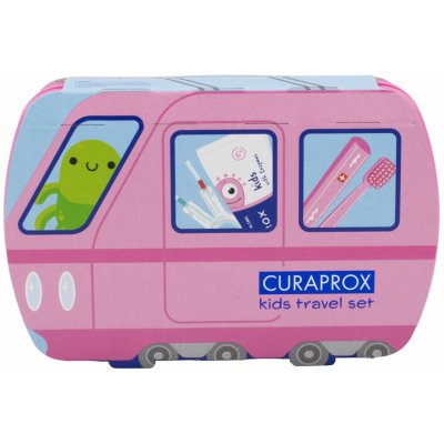 CURAPROX Kids travel set růžový 1x zubní kartáček, 2x mezizubní kartáček CPS, 1x zubní pasta meloun 6+ 10 ml, 1x nálepka – Sleviste.cz