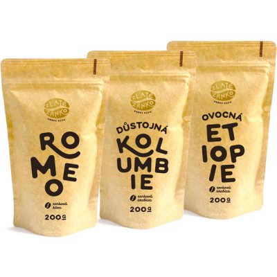 Zlaté Zrnko Poznej 3 kávy na moku Romeo Kolumbie Etiopie MLETÁ Mletí na domácí Espresso kávovar a zalévání turka jemné 0,6 kg – Zbozi.Blesk.cz