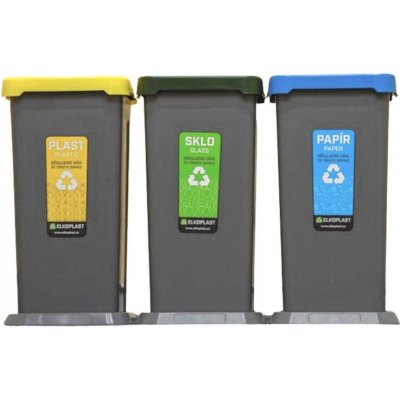 Odpadkový koš na tříděný odpad TRIO 70 l šedá nádoba 3x žluté+zelené+modré víko