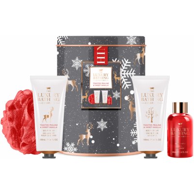 Grace Cole Toasted Praline & Sweet Vanilla mycí gel 100 ml + tělový krém 100 ml + mycí houba + pěna do koupele 50 ml + plechová dóza dárková sada – Zbozi.Blesk.cz