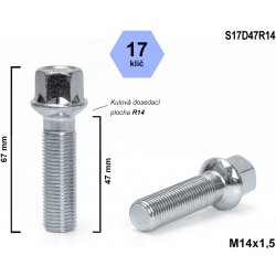 Kolový šroub M14x1,5x47 koule R14, klíč 17, S17D47R14; výška 67