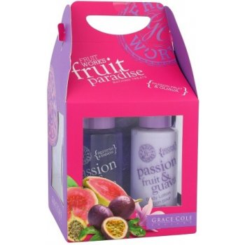 Grace Cole Fruit Works Fruit Paradise sprchový gel Passion Fruit & Guava 100 ml + tělové mléko Passion Fruit & Guava 100 ml + mycí houba dárková sada