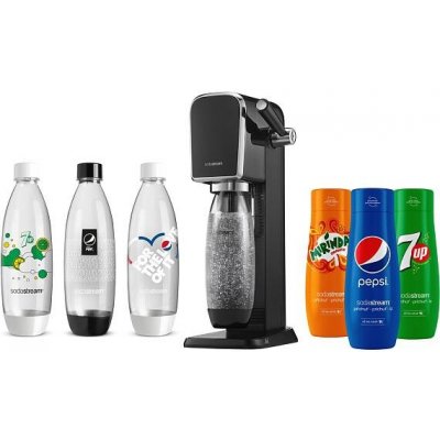 SodaStream Art Black + láhve FUSE 3 x 1l + Sirup Pepsi 440 ml + Sirup Mirinda 440 ml + Sirup 7UP 440 ml – Zbozi.Blesk.cz