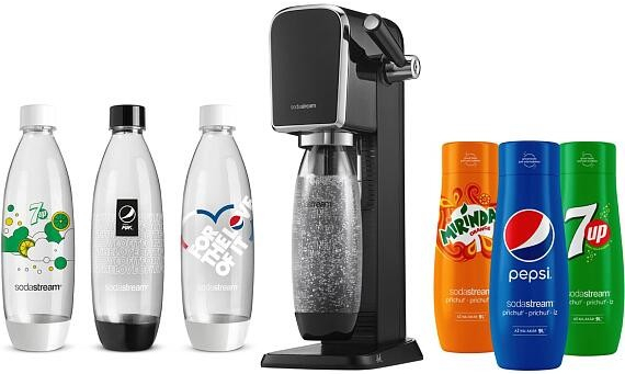 SodaStream Art Black + láhve FUSE 3 x 1l + Sirup Pepsi 440 ml + Sirup Mirinda 440 ml + Sirup 7UP 440 ml