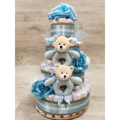 Pastell decor Plenkový dort pro dvojčata čtyřpatrový originální dárek Varianta: Pro chlapečky, Velikost plenek: Vel. 2 Miminko váží 3 až 6 kg – Hledejceny.cz