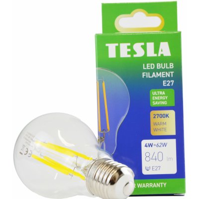 Tesla LED žárovka FILAMENT A class, E27, 4W, 840lm, 2700K teplá bílá, 360st, čirá, 230V, 25 000h