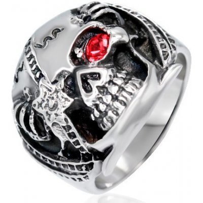Šperky eshop Mohutný prsten z oceli lebka bojovníka s červeným zirkonem patina E5.6 – Zboží Mobilmania
