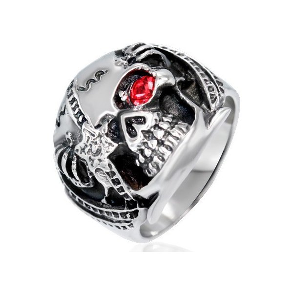 Šperky eshop Mohutný prsten z oceli lebka bojovníka s červeným zirkonem  patina E5.6 od 399 Kč - Heureka.cz