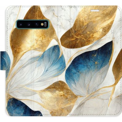 Pouzdro iSaprio Flip s kapsičkami na karty - GoldBlue Leaves Samsung Galaxy S10