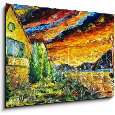 Obraz 1D - 100 x 70 cm - Impressionism oil painting landscape paint art Red sea ship, scarlet sails, sunset over mountains, yellow Impresionismus olejomalba krajinomalba – Hledejceny.cz