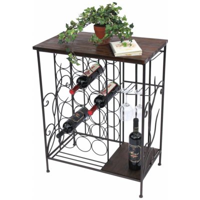 DanDiBo Stojan na víno s dřevěnou policí 12977 s držákem na sklenice 83 cm Hnědý kovový – HobbyKompas.cz