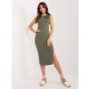 Dámské šaty ITALY MODA Khaki midi šaty s květinou a rozparkem dhj-sk-17732.22-khaki