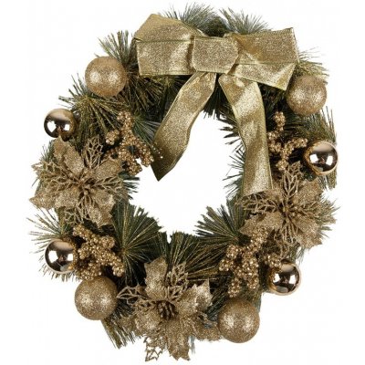 Clayre & Eef Zeleno-zlatý vánoční věnec s mašlí a koulemi Christmas Wreath - Ø 40*10 cm – Zboží Dáma