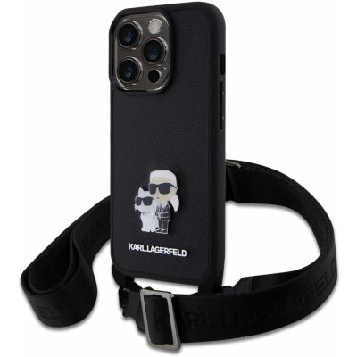 Karl Lagerfeld Guess Ochranné s crossbody popruhem iPhone 15 Pro Saffiano Metal Karl and Choupette černé