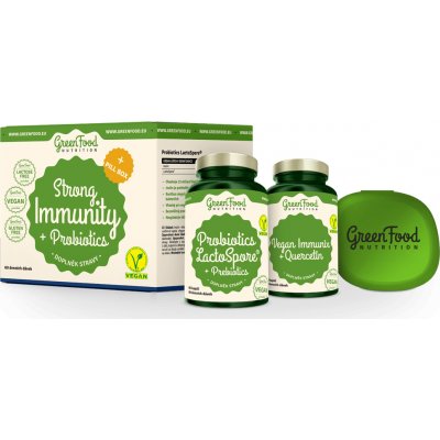 GreenFood Nutrition Strong Immunity Probiotics LactoSpore probiotický komplex s prebiotiky 60 ks + Vegan Immunix + Quercetin podpora imunity 60 ks + Pillbox