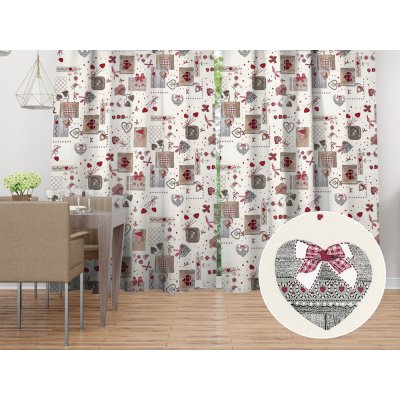 Biante Dekorační závěs Porto PRT-015 Vínovo-šedá srdíčka na krémovém - šířka 130 cm 130x230 cm – Zboží Mobilmania