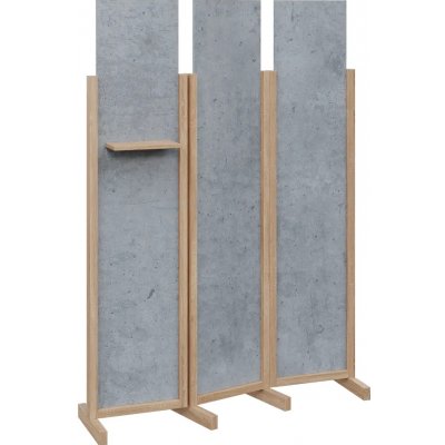 Atmosfere LINE 319 dřevěný 3-dílný paraván mobilní výška 1900 mm rám dub bardolino výplň beton šedý polička – Sleviste.cz