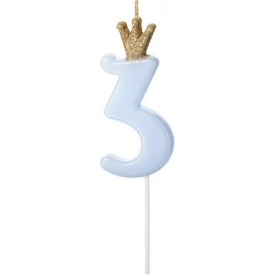 PartyDeco svíčka malá modrá s korunkou číslo 3 – Zboží Mobilmania