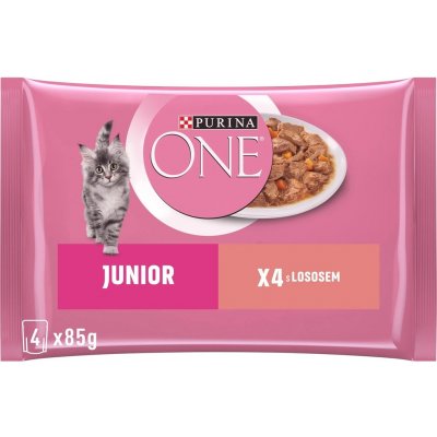 Purina One Junior s lososem a mrkví ve šťávě 4 x 85 g – Sleviste.cz
