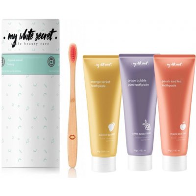My White Secret Gift Pack My White Secret Toothpaste Peach Iced Tea 60 g + My White Secret Toothpaste Grape Bubblegum 60 g + My White Secret Toothpaste Mango Sorbet – Hledejceny.cz