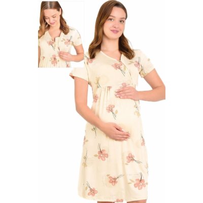 Květovaná luxusní jemná těhotenská i kojící košilka na zip 1D1494 béžová – Zboží Dáma
