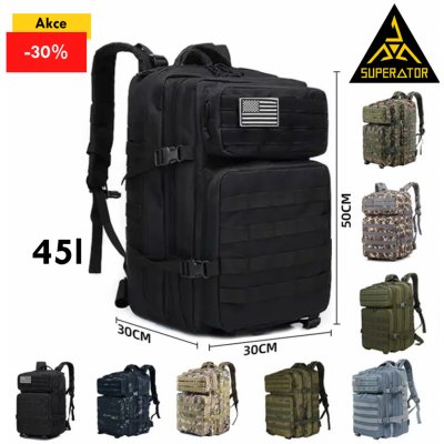 Taktický vojenský batoh 45l, kvalitní, voděodolný, outdoor. Nášivka vlajka USA je součástí. Velcro patch 3D. Barva: Černá – Zboží Dáma