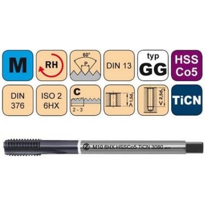 NÁSTROJE CZ Závitník strojní M10x1 6HX HSSCo5 TiCN DIN 374 C - 3080 - CZZ3080-M10X1-6HX – Zboží Mobilmania