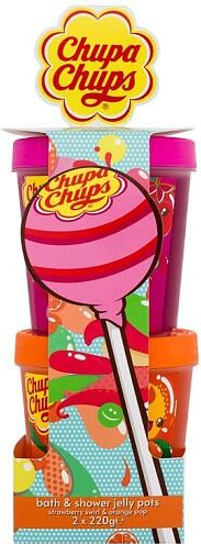 Chupa Chups Bath & Shower Jelly Pots sada koupelové želé Strawberry Swirl 220 g + koupelové želé Orange Pop 220 g pro děti